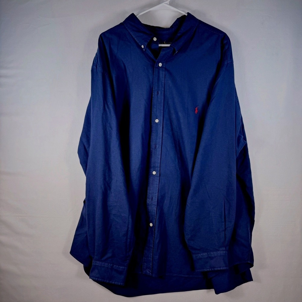 Ralph Lauren Mens 3XB Big Navy Blue Cotton Button Down Shirt Long Sleeve Pony